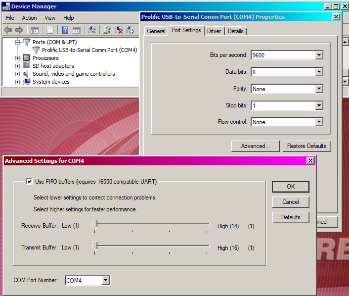 Fig R4 Driver settings of a Sabrent (Prolific chipset) USB/RS232 cable adapter.